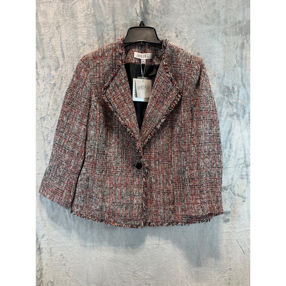 Kasper Womens Fire Red Multi Tweed Fringe Trim Blazer Jacket Metallic Gold Sz 10